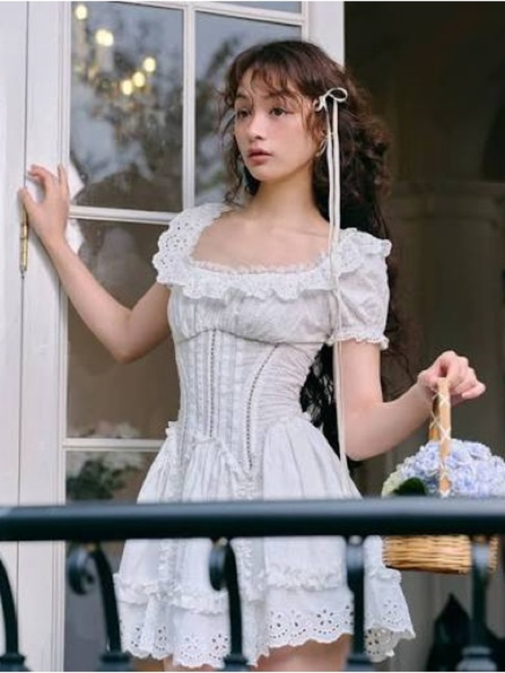 White Ruffled Eyelet Corset Mini Dress